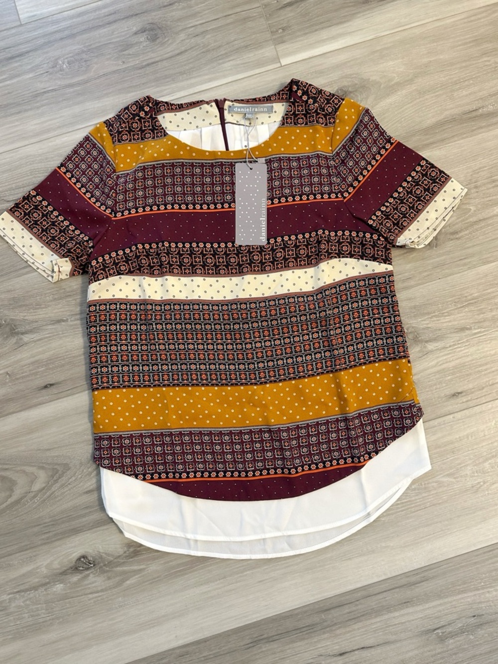 Daniel Rainn Striped Mixed-Print Short Sleeve Blouse in Mustard, Burgundy, Cream